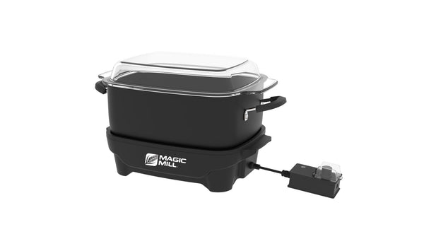 Black Magic Mill 7.5 quart slow cooker with flat clear glass lid, cool-touch handles, and external temperature control
