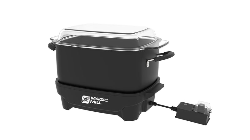 Magic Mill 9 quart black slow cooker with flat glass lid and side cool-touch handles, includes external temperature control