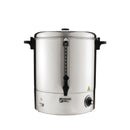 150-Cup Silver Magic Mill electric hot water boiler with spigot and water level indicator.