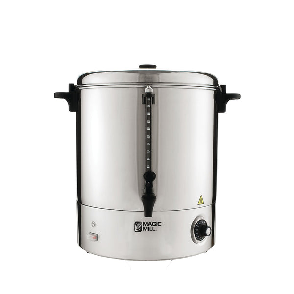Front view of Magic Mill 150-cup hot water urn with black spout and handles