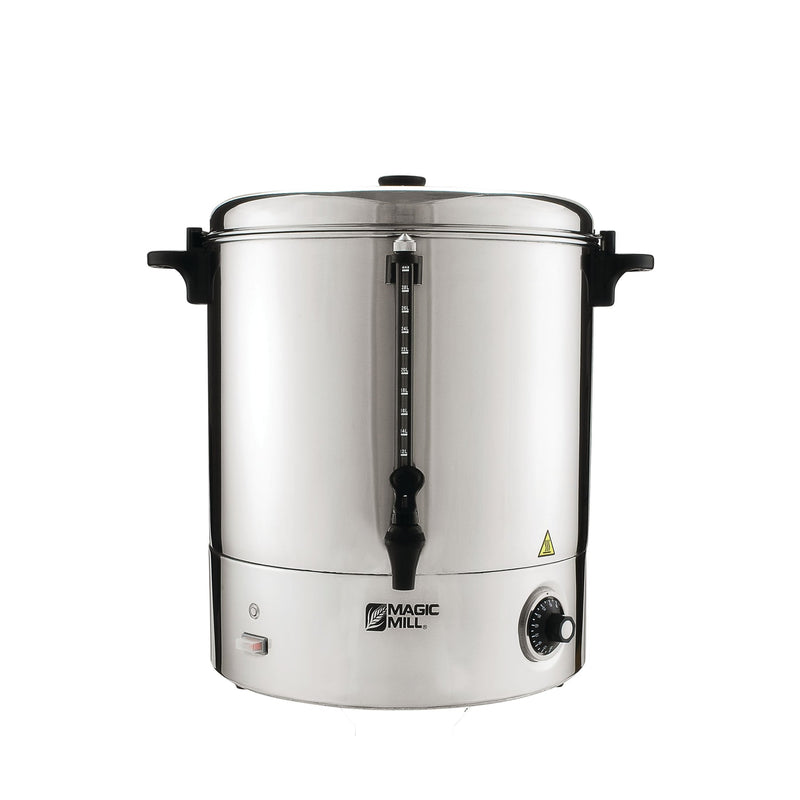 Front view of Magic Mill 150-cup hot water urn with black spout and handles