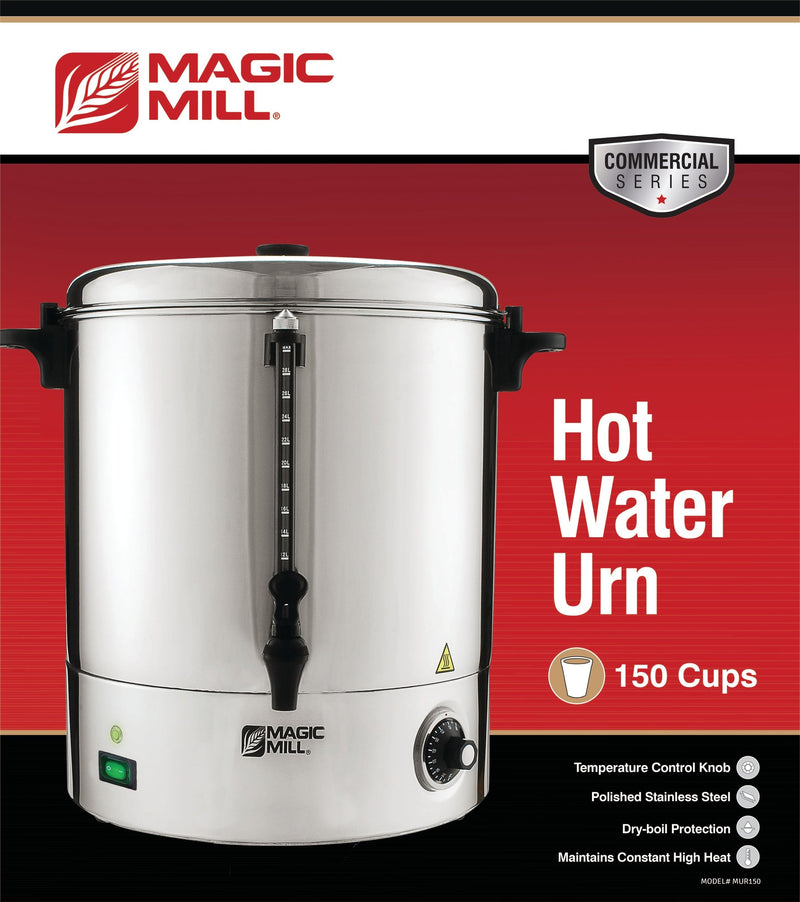 Retail packaging of Magic Mill hot water urn showing brand and 150 cup capacity