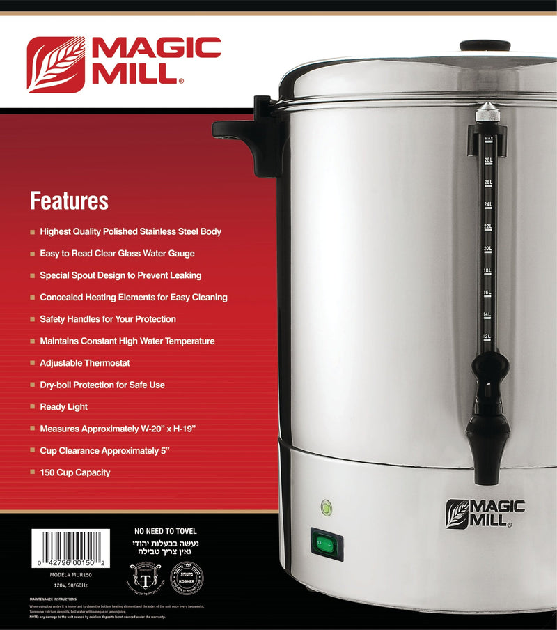 Back of product box displaying features of the Magic Mill hot water urn