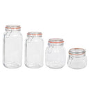 Four glass canisters in varying sizes with pink sealing rings and metal latches