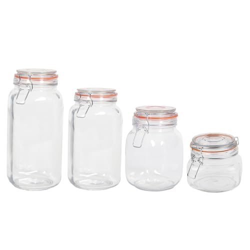 Four glass canisters in varying sizes with pink sealing rings and metal latches