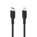 A black USB-C to Lightning cable is shown vertically. The USB-C connector is on the left, and the Lightning connector is on the right. Both connectors have a series of small, star-shaped perforations or indentations on their plastic housings.
