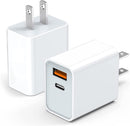 White dual-port wall charger with one USB-C port and one orange USB-A port