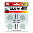 A blister pack containing four Blazing Voltz CR2016 3-volt lithium button cell batteries. The packaging is red and white, stating "VALUE PACK," "NO MERCURY ADDED," and includes warnings to keep away from children.