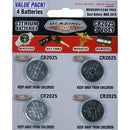 A blister pack containing four Blazing Voltz CR2025 3-volt lithium button cell batteries. The packaging is red and white, stating "VALUE PACK," "MERCURY/LEAD FREE," and illustrates uses for watches, key fobs, medical devices, and remotes.