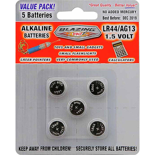 Blister pack of five Blazing Voltz LR44 AG13 1.5V alkaline batteries for calculators and small gadgets