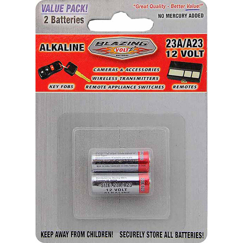 Blister pack of two Blazing Voltz 23A 12V alkaline batteries for remotes and key fobs