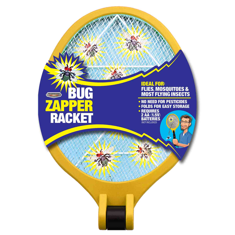 Retail-packaged Blazing Voltz bug zapper racket with illustrated usage and features