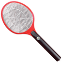 Red and black electric bug zapper racket with built-in LED light and metal mesh grid