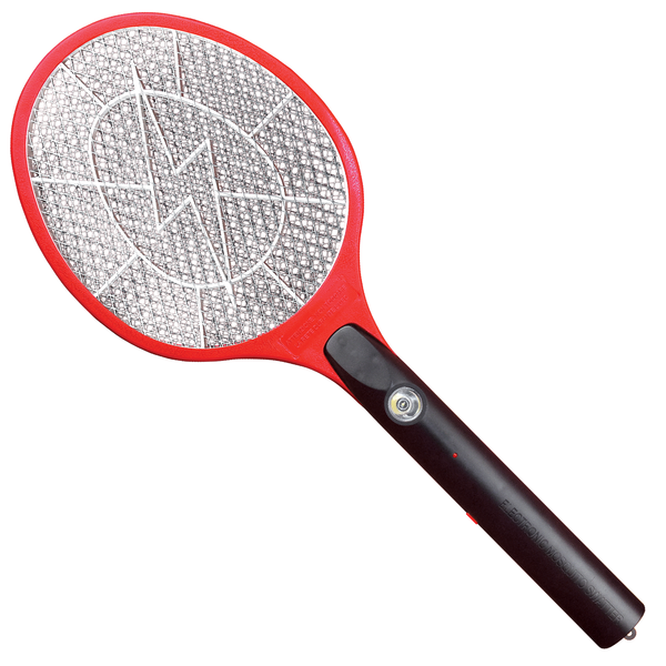 Red and black electric bug zapper racket with built-in LED light and metal mesh grid