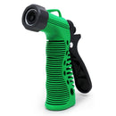
A vibrant green garden hose nozzle with a black trigger and a black adjustable spray head is shown against a white background. The handle has a ribbed texture for grip.
