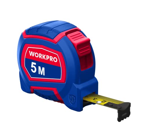 Blue and red WorkPro 5-meter measuring tape with yellow retractable tape partially extended and a large locking button on top.
