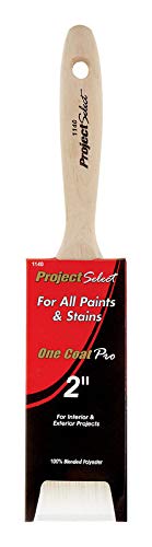 Project Select One Coat Pro 2-inch paintbrush with wooden handle, labeled for use with all paints and stains, suitable for interior and exterior projects.