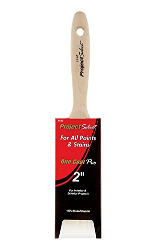 Project Select One Coat Pro 2-inch paintbrush with wooden handle, labeled for use with all paints and stains, suitable for interior and exterior projects.