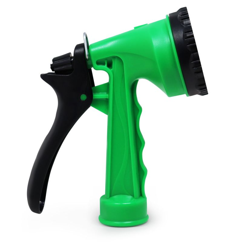 Side view of a green and black garden hose spray nozzle with an ergonomic handle, trigger-style grip, and adjustable spray head.