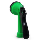 Rear view of a green garden hose spray nozzle with a black trigger handle and metal clip, showing the ergonomic grip and trigger mechanism.