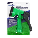 Plumb-Tech 5-pattern green and black hose nozzle in retail packaging, featuring spray settings like mist, shower, soaker, cone, and flat, with highlights for metal construction and a comfortable grip.