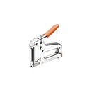 Chrome heavy-duty staple gun with an orange handle, designed for manual operation and suitable for fastening materials in upholstery, carpentry, and home repair projects