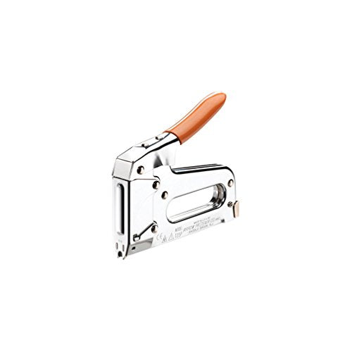 Chrome heavy-duty staple gun with an orange handle, designed for manual operation and suitable for fastening materials in upholstery, carpentry, and home repair projects