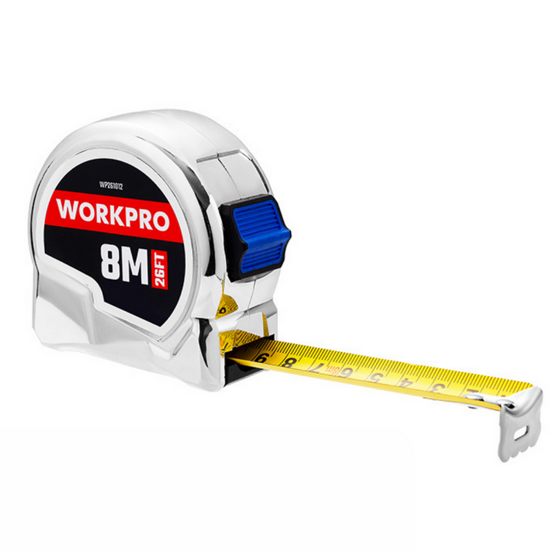WORKPRO 8M/26FT measuring tape with a white plastic casing, black and red branding, and a yellow extended tape with black measurement markings.