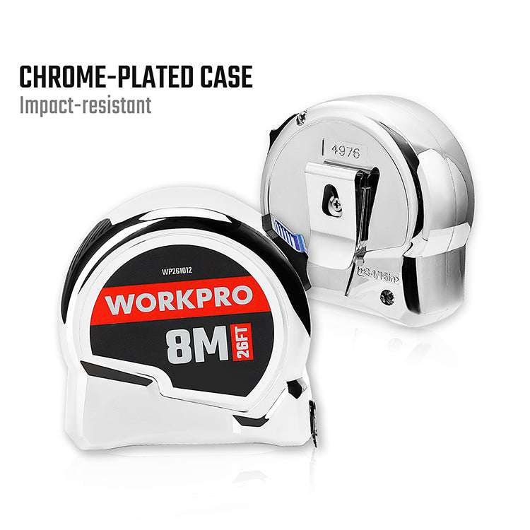 WORKPRO 8M/26FT measuring tape with a white plastic casing, black and red branding, and a yellow extended tape with black measurement markings.