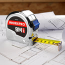WORKPRO 8M/26FT measuring tape with a white plastic casing, black and red branding, and a yellow extended tape with black measurement markings.
