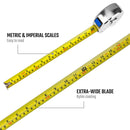 Close-up of a WORKPRO measuring tape extended to show its yellow extra-wide blade with both metric and imperial scales, featuring labeled callouts for "Metric & Imperial Scales" and "Extra-Wide Blade" with nylon coating.