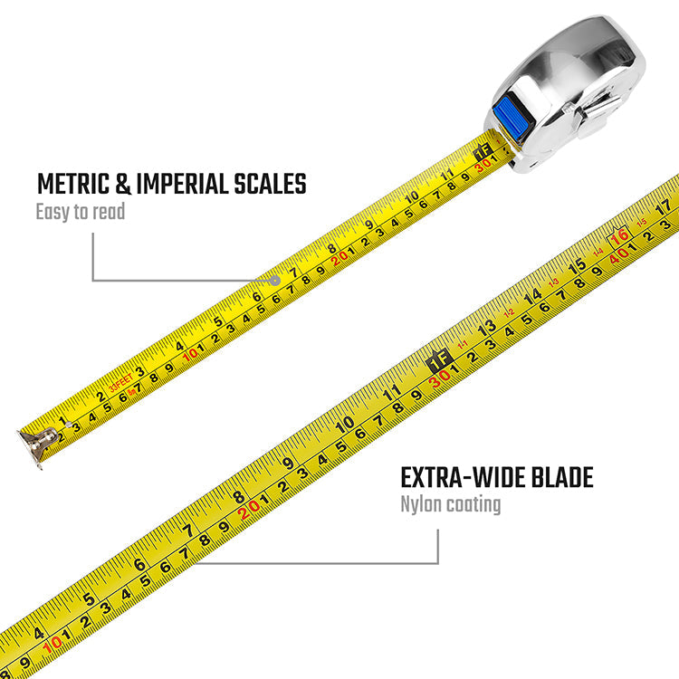 Close-up of a WORKPRO measuring tape extended to show its yellow extra-wide blade with both metric and imperial scales, featuring labeled callouts for "Metric & Imperial Scales" and "Extra-Wide Blade" with nylon coating.