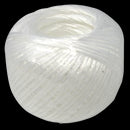 Ball of white polypropylene twine, tightly wound in a spherical shape, commonly used for packaging, bundling, or general household tasks.