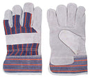 Pair of heavy-duty work gloves with gray leather palms and fingers, and striped fabric backs in blue, red, and white tones, shown front and back.