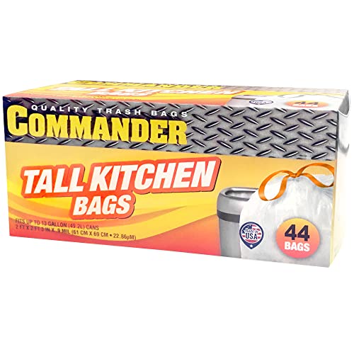 Box of Commander Tall Kitchen Bags, featuring a yellow and red design with text indicating 44 drawstring trash bags included, suitable for kitchen use.