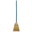 Traditional corn broom with a blue handle and natural straw bristles, designed for indoor and outdoor sweeping tasks.