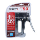 Arrow T50 heavy-duty staple gun in retail packaging, featuring a chrome finish and labeled for use with T50 staples, suitable for professional and DIY stapling tasks.