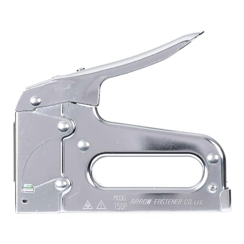 Chrome-finished Arrow T50 heavy-duty staple gun, shown without packaging, featuring a contoured handle and durable steel construction for fastening applications.