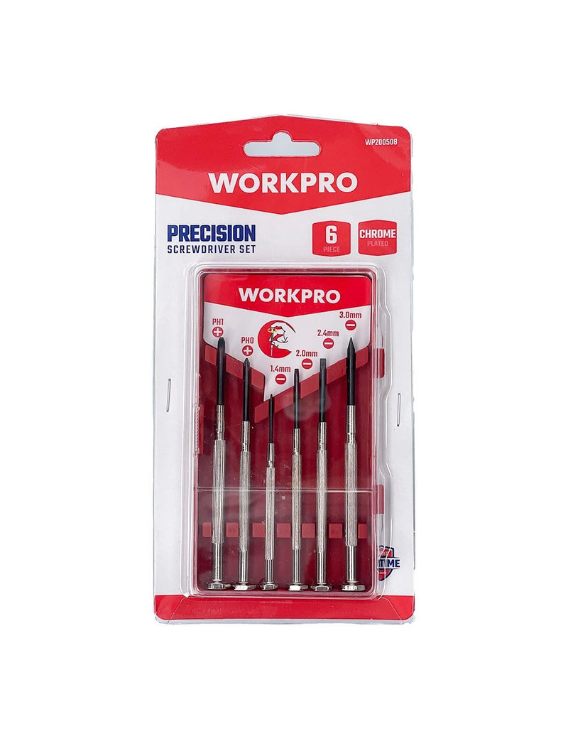 A "WORKPRO PRECISION SCREWDRIVER SET" in red and white retail packaging. The set contains "6 PIECE" and is "CHROME PLATED." Visible through the clear plastic blister pack are six precision screwdrivers with black handles and chrome shafts, including two Phillips head (PH1 and PH0) and four flathead (3.0mm, 2.4mm, 2.0mm, and 1.4mm). The packaging also features a "TIME" logo in the bottom right corner.