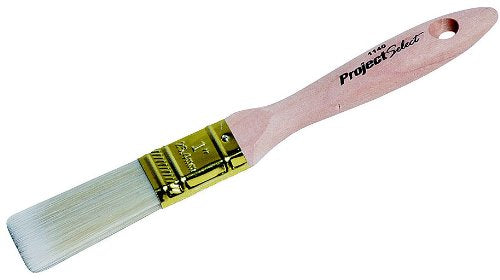 Angled sash paintbrush with a pink wooden handle, gold ferrule, and white synthetic bristles, labeled “Project Select.”
