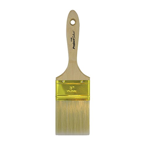Flat paintbrush with natural wood handle and yellow metal ferrule, featuring synthetic bristles for general painting and staining tasks.