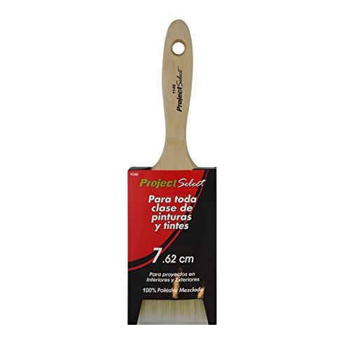 Project Select paintbrush with a natural wood handle and red and black packaging, labeled for use with all paints and stains, featuring a 3-inch (7.62 cm) wide brush head.