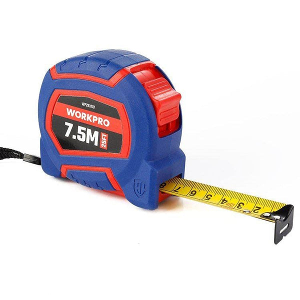 WorkPro 7.5-meter measuring tape with extended yellow blade, housed in a blue and red rubberized casing.