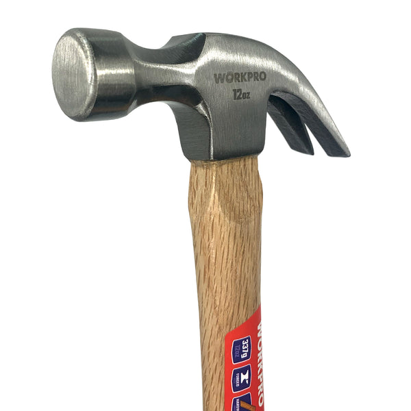Close-up of a claw hammer with a polished steel head and natural wood handle, featuring a curved claw and flat striking face.