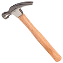 Side view of a full claw hammer showing a wooden handle and metal head with curved claw for nail removal and flat face for striking.
