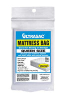 Ultrasac Queen Size Mattress Bag in retail packaging, labeled for moving and storage, highlighting features such as tear resistance and moisture protection.