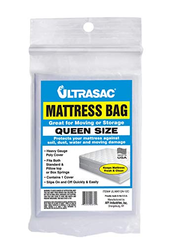 Ultrasac Queen Size Mattress Bag in retail packaging, labeled for moving and storage, highlighting features such as tear resistance and moisture protection.