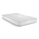 Queen size mattress wrapped in a clear protective plastic mattress bag, showing full coverage and sealed edges.
