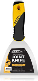 Joint knife with a 4-inch stainless steel blade and a black and yellow ergonomic handle, labeled for drywall joint taping and compound spreading.