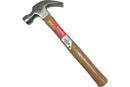 Claw hammer with a polished steel head and natural hardwood handle, featuring a red and white product label on the handle.